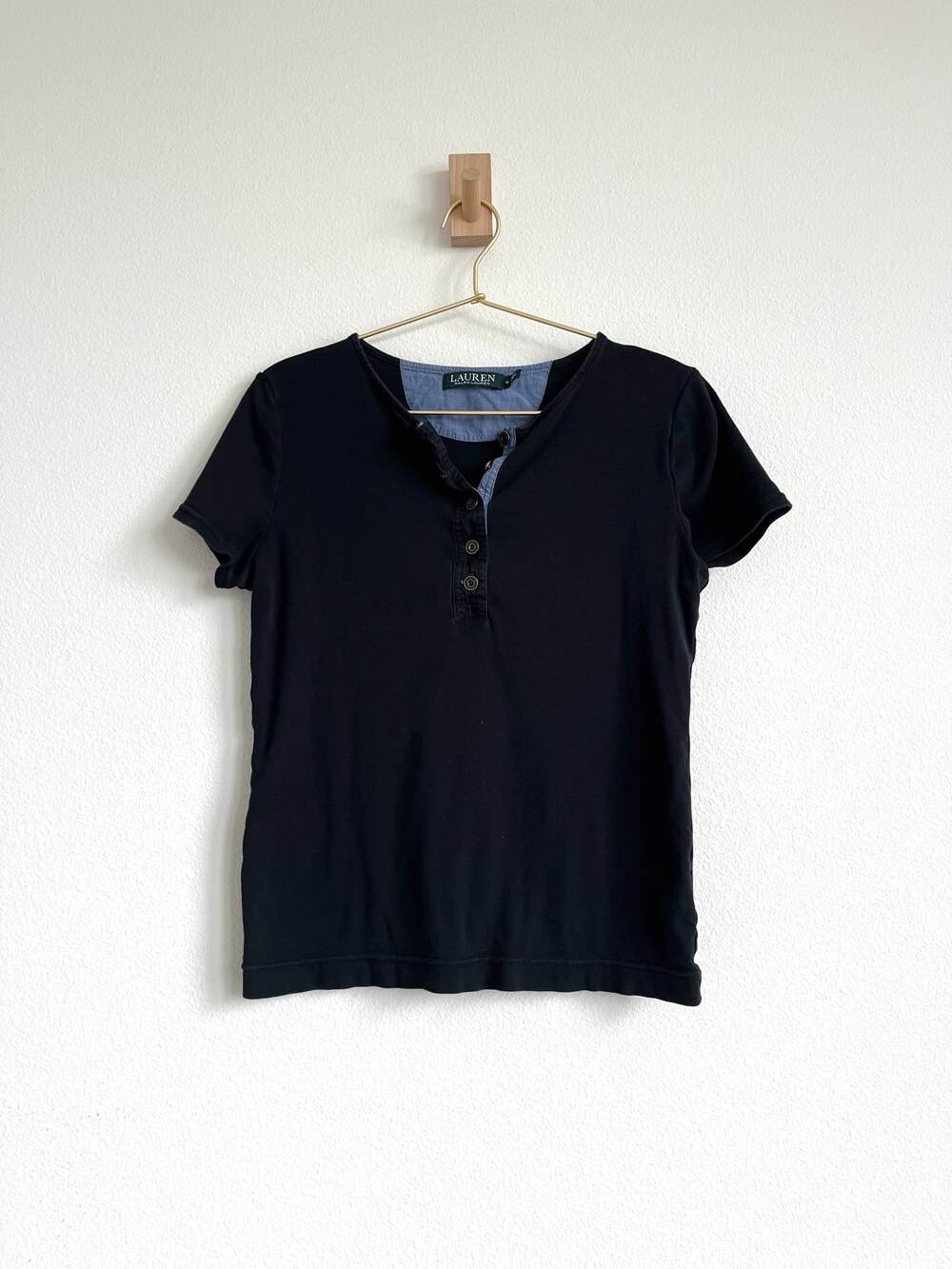 Lauren Ralph Lauren Preppy Heritage Black Henley T-Shirt - Denim Trim - Size M
